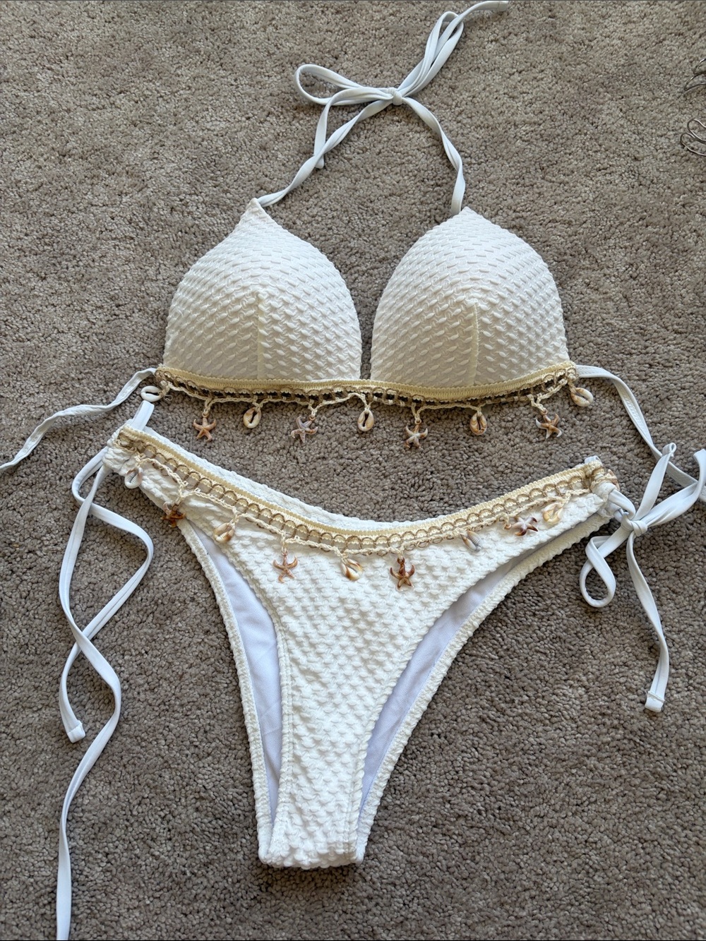 SHEIN Cream Textured Bikini Set with Gold Shell Charms